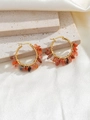 Bohemian handmade gold hoop earrings with orange-red natural stone fragments wrap - Red