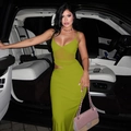 Sexy olive green mesh maxi dress with side slit and waist cut-outs in a luxury car - XS / Yellow-Green