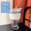 Aurora glass straw cup 450ml with white silicone sleeve and transparent glass straw - Aqua Blue + White Lid + Clear Glass Straw + White Silicone Sleeve
