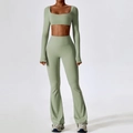 Two-piece grey-green yoga set with long sleeve crop top and high-waisted flared pants - S / Long Sleeve + Flare Pants / Bean Green