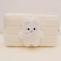 Quilted cream fleece pouch with star teddy bear plush patch for cosmetics storage - White (White Rabbit)