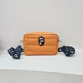Chic orange quilted nylon crossbody bag with wide logo strap and gold hardware accents - Orange