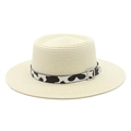 Detail of flat top straw hat with cow print band and silver metal buckle decoration - M (56-58cm) / Creamy White