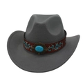 Close-up of gray felt cowboy hat featuring a brown leather band with turquoise stone - One Size / Grey (Brown Embroidered Leather Band)