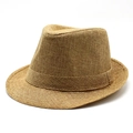Close-up of the detailed straw weave and decorative band on a natural brown fedora hat - M (56-58cm) / Khaki