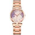 Dettaglio del quadrante oro rosa con motivo a foglia di palma e cinturino in acciaio - Solo Orologio Viola