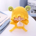 Infant knit beanie with kiwi slice ears in bright yellow with matching ties - Bright Yellow Kiwi - Lined