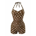 Brown one-piece swimsuit with white polka dots featuring a ruched tummy control design - S / Brown Polka Dot