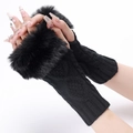 Black knit arm warmer with cable texture and faux fur trim for winter - Black