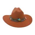 Cappello da cowboy in feltro marrone con fascia etnica e dettaglio nappa turchese - Taglia unica / Cachi