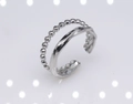 Adjustable silver stainless steel ring with double layer bead and wave design details - b3 Double Layer Beads Wave / Silver