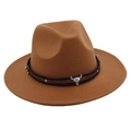 Detail of western fedora hat with brown felt texture and bull skull metal buckle decoration - Khaki
