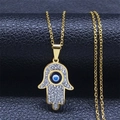Gouden Hamsa Hand ketting met blauw Evil Eye en kristallen op zwart leer - 50cm / Goud