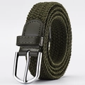 Elastic military green braided belt for men and women with silver buckle and leather trim - Army Green