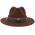 Detail of dark brown felt cowboy hat with bohemian turquoise stone and ethnic braided band - Coffee (Ethnic Decorative Band)