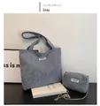 Detail of grey corduroy tote bag set with fashion label and gold chain strap - One Size / Tote Bag And Chain Bag / Gray