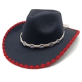 Detail of black fedora hat with red crochet edge and bohemian evil eye beaded strap - M (56-58cm) / Black