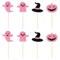 Set topper per torta Halloween rosa glitter con fantasmi, cappelli e zucche lucide - Set di Cake Topper