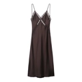 Elegante vestido lencero de satén café con encaje delicado y cuello en V - XS / café
