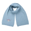 Close-up of light blue knitted scarf featuring a cute white dog embroidery detail. - Neck Warmer / Blue Bandana
