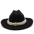 Detail view of a black wool jazz fedora hat featuring elegant multi-layer pearl decorations - M (56-58cm) / Black