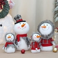 Plush snowman family set with grey fur accents and red plaid holiday outfits - Full Set