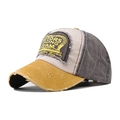 Detail of vintage motors racing team embroidery on washed denim patchwork baseball cap - Yellow Beige Dark Grey Patchwork(11)