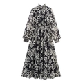 Ethno-Maxikleid aus Chiffon mit Stehkragen, abstraktem Druck und Stufen-Saum - XS / Schwarz