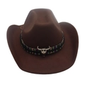 Brauner Western-Cowboyhut mit Ethno-Webband und silbernem Stierschädel-Ornament - Einheitsgröße / Kaffeebraun