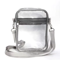 Close-up of transparent PVC shoulder bag with gray trim and adjustable strap details - Gray