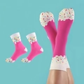 Pink dessert themed crew socks with white cream drip and colorful sprinkles pattern - Strawberry Style