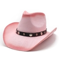 Pink woven straw western cowboy hat with studded leather band for sun protection - M (56-58cm) / Gradient Rose Pink