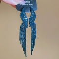 Detailed shot of long blue rhinestone tassel earrings with a cascading wing design - 42# Deep Blue Full Diamond Wing Tassel Style