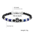 Men's 6mm blue tiger eye and black stone beaded bracelet with steel cross charm - Blue Tiger Eye Glossy Cross