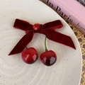 Elegant red velvet bow hair clip with cherry pendants and central gemstone - Velvet Cherry Hair Clip 1Pc
