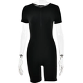 Detail of a black slim-fit short sleeve romper with front zipper closure on white background - S / Black