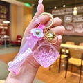 Pink Sweet Heart liquid glitter panda bottle keychain with golden bell and wrist strap - Pink Luminous Bubble Dice