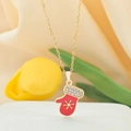 Christmas gold necklace with red mitten pendant featuring crystals and snowflake detail - Red Sun Little Glove / Gold