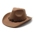 Brown wool felt western cowboy hat with braided cord and vintage ethnic bead decoration - Khaki