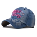 Unisex washed denim baseball cap with pink heart and Angel Story embroidery details - Adjustable / Denim With Rose Red Text