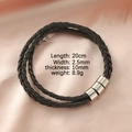 Bracciale da uomo doppio in pelle intrecciata nera con cilindri argento e lungo 20cm - Cordino 66CM + 3 Perline / Color Acciaio
