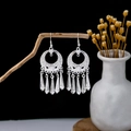 Ethnic style silver peacock drop earrings with hollow leaf design and long metal tassels - Silver Engraved Cone Tassel(E5881)