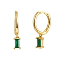 Detail view of 18K gold earrings with rectangular emerald green zircon stones - Gold + Green Zirconia