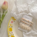 Floral orange pattern and beige pleated fabric hairpin set on a decorative white dish - 2-Piece Set (Beige)