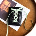 Ballet style black leather tri-fold wallet featuring green corset ribbons and pink heart gem - Black Balletcore Wallet with Green Ribbon