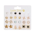 12 pairs of alloy stud earrings set with heart, star and floral designs in gold and black - Style 7 (ER23Y0816) / 12 Pairs Set