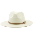 Chapeau de soleil Panama kaki à large bord avec bande en cuir marron et boucle dorée - 56-58cm / Blanc laiteux