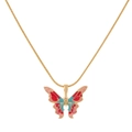 Gold butterfly pendant necklace with colorful enamel wings on a sleek snake chain - Style 01 Gold