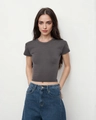 Slim fit gray modal crewneck T-shirt paired with classic blue denim jeans for women - L / Iron Grey