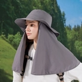 Dark grey outdoor sun hat with large neck flap shawl and adjustable drawstring - Gray